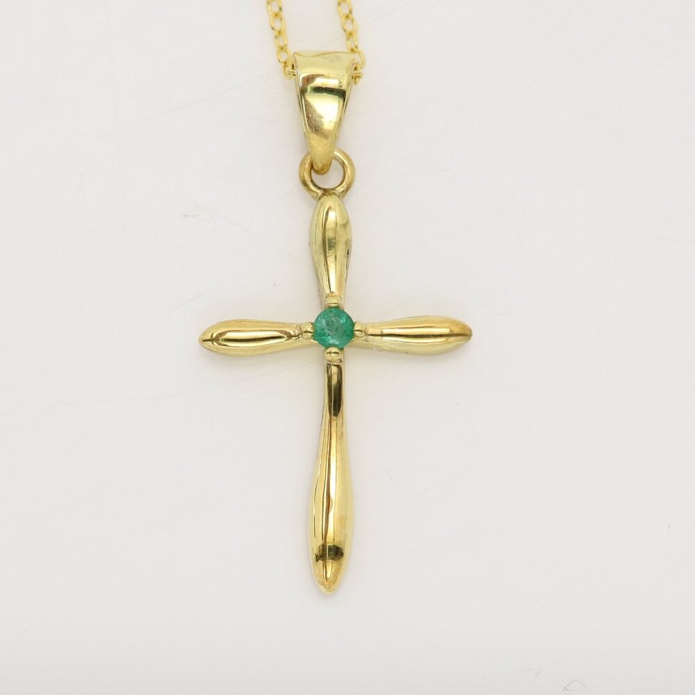 Silver Cross Natural Green Emerald Cross Pendant plated with 14k gold